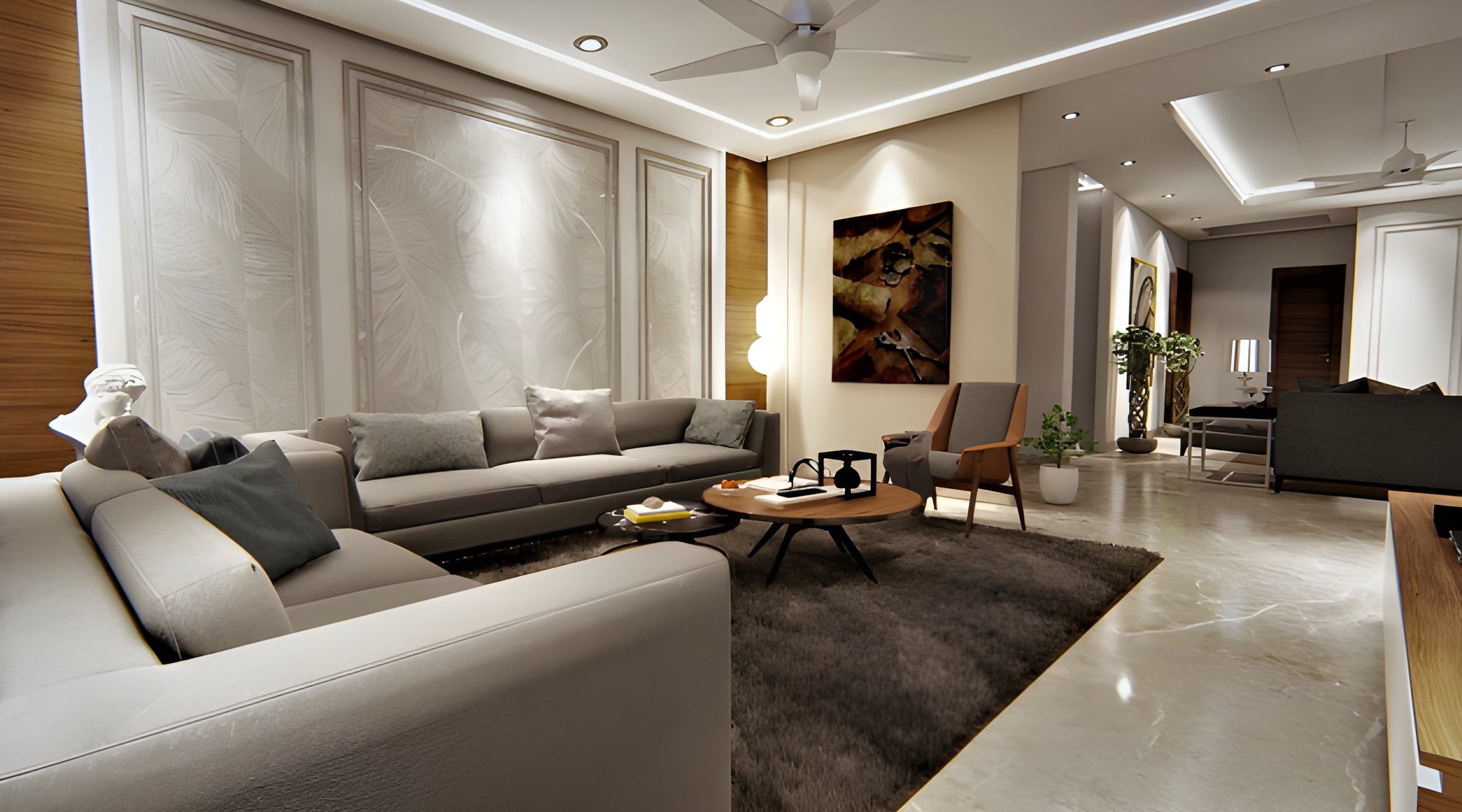 Living and dining room with panelled walls and a cove-lit ceiling